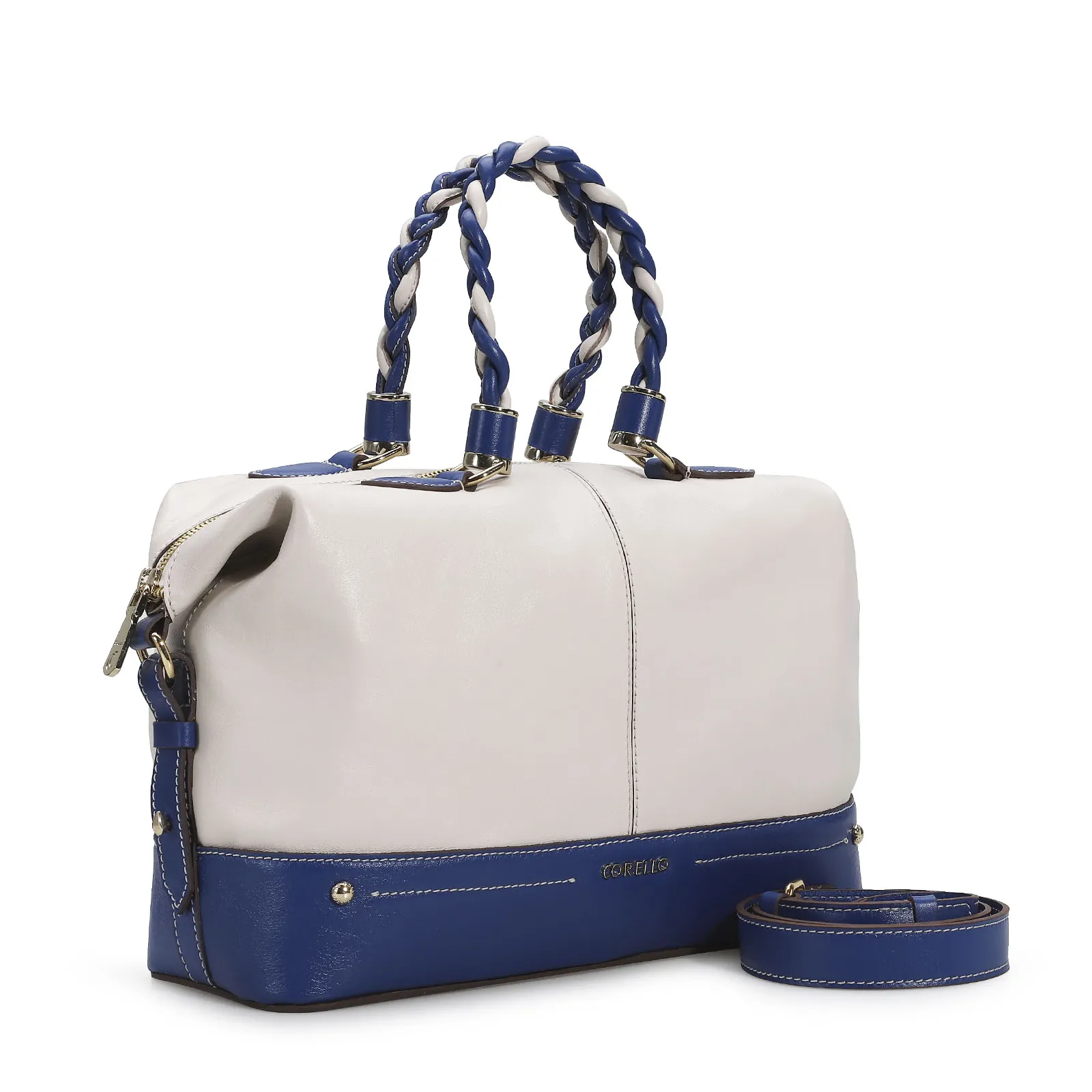 Bolsa Tote Couro Off White/Azul