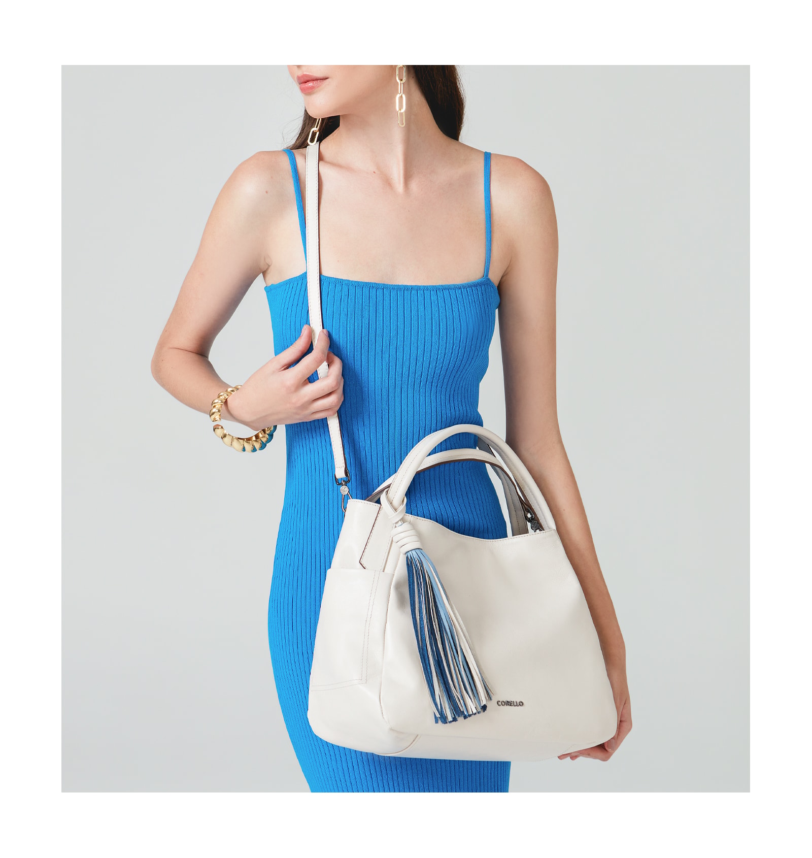 Bolsa Tote Couro Off White/Azul