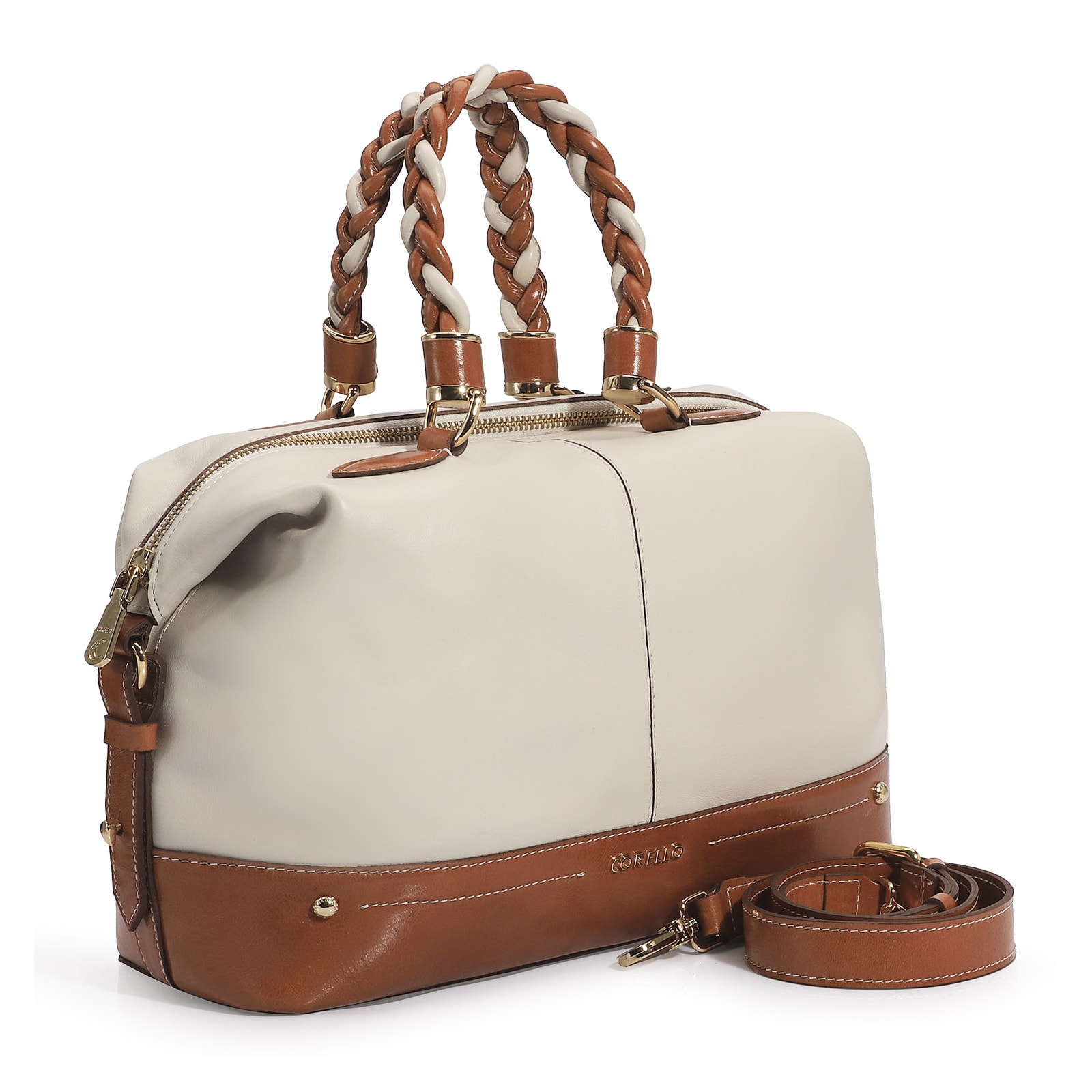 Bolsa Tote Couro Off White/Caramelo