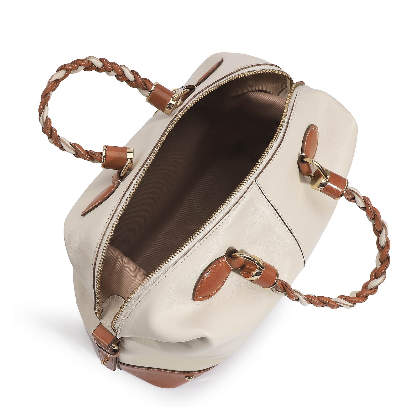 Bolsa Tote Couro Off White/Caramelo