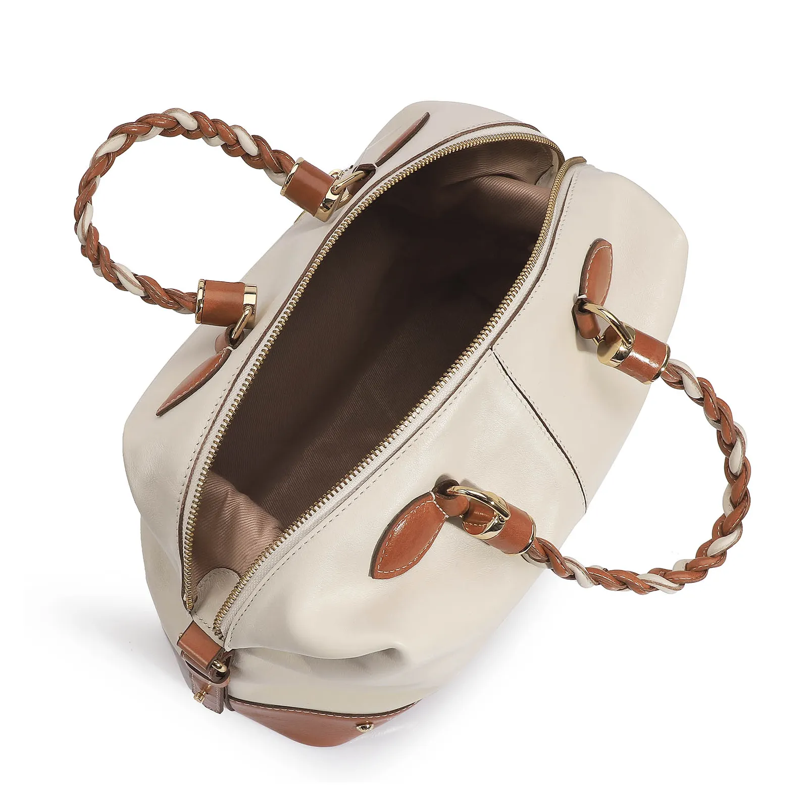 Bolsa Tote Couro Off White/Caramelo