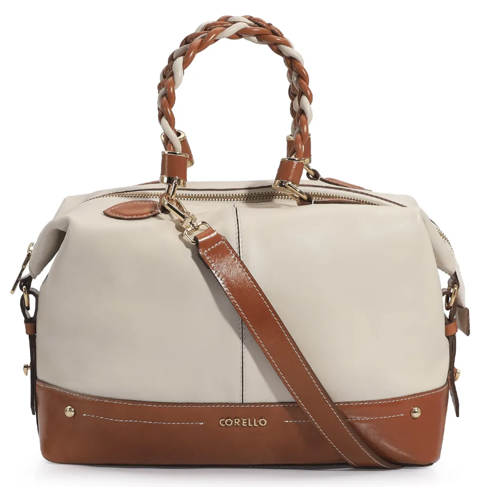 Bolsa Tote Couro Off White/Caramelo