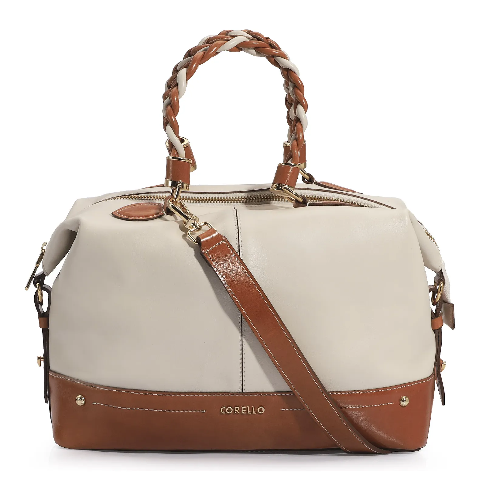 Bolsa Tote Couro Off White/Caramelo