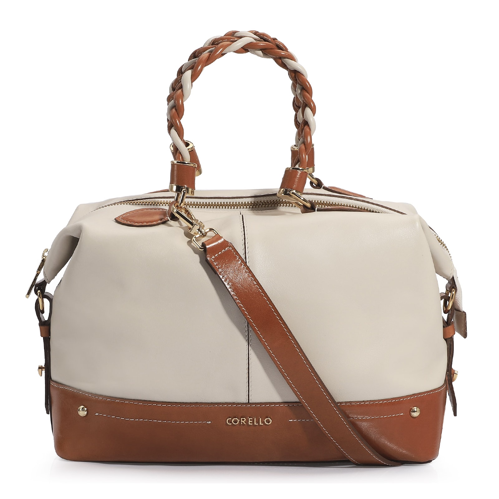 Bolsa Tote Couro Off White/Caramelo
