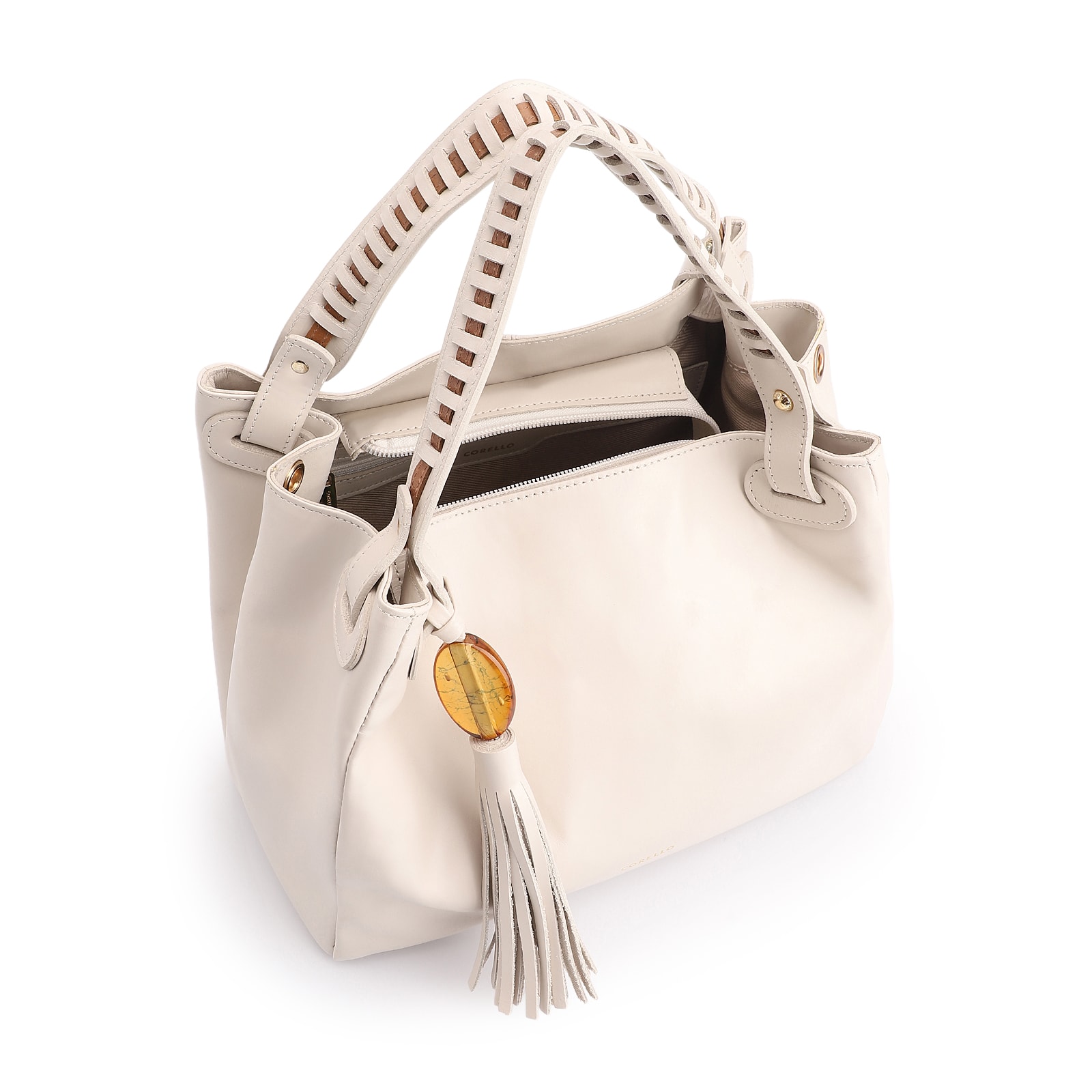 Bolsa Tote Couro Off White/Couro Marrom