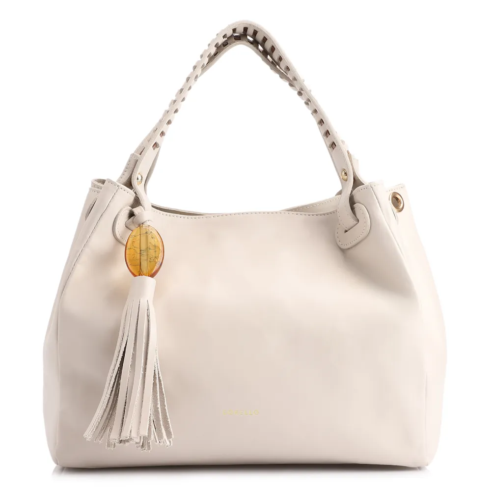 Bolsa Tote Couro Off White/Couro Marrom