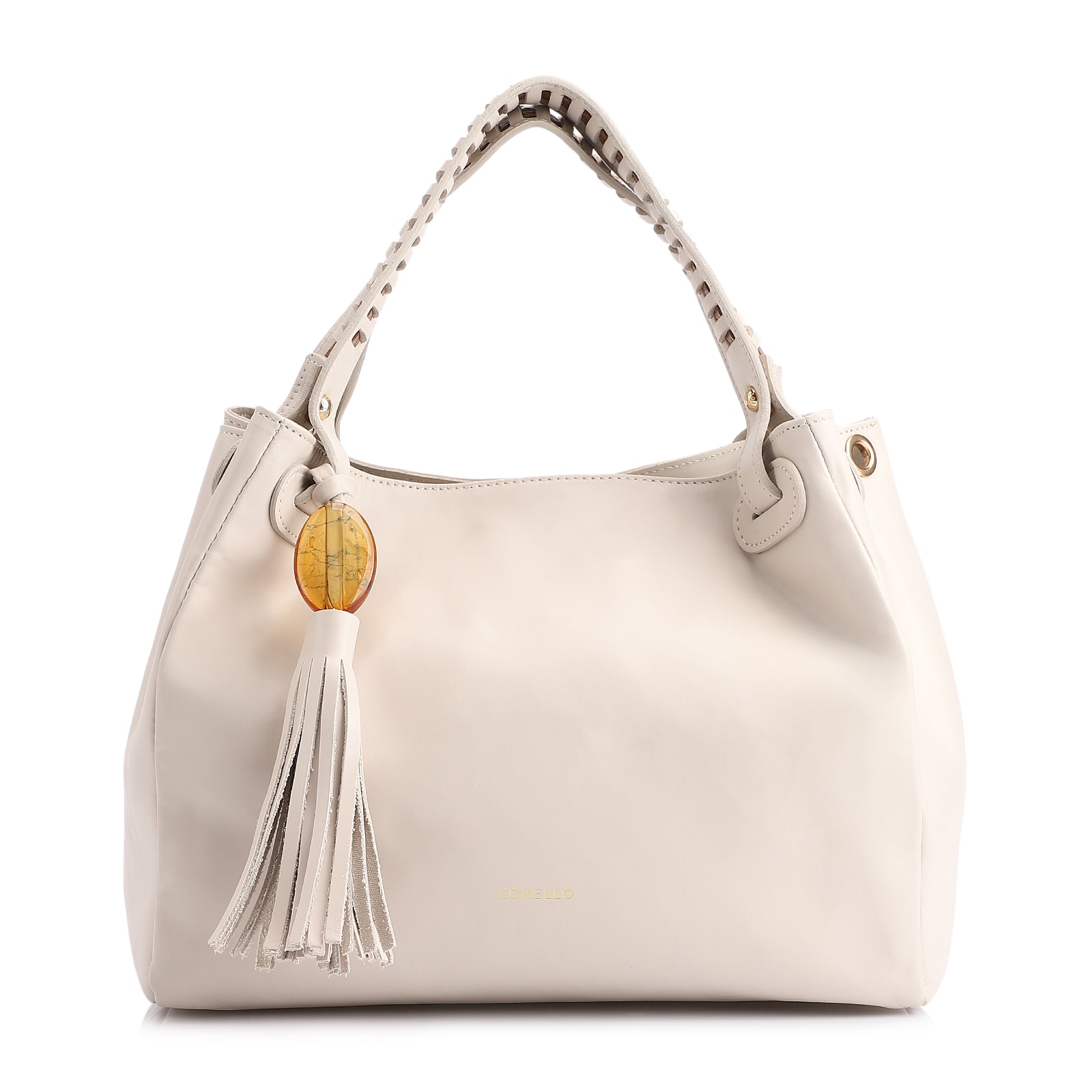 Bolsa Tote Couro Off White/Couro Marrom