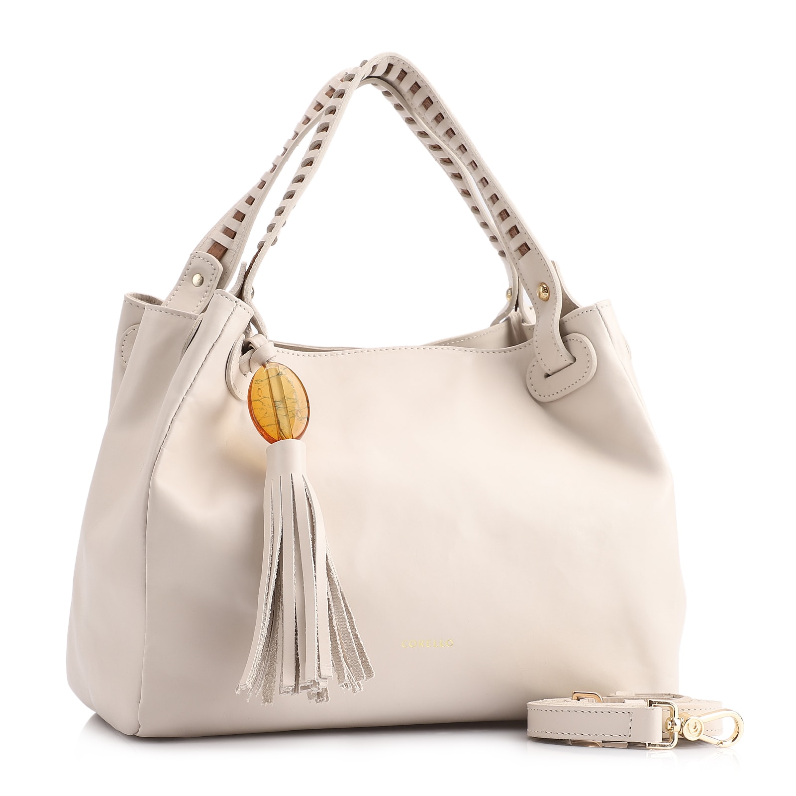 Bolsa Tote Couro Off White/Couro Marrom