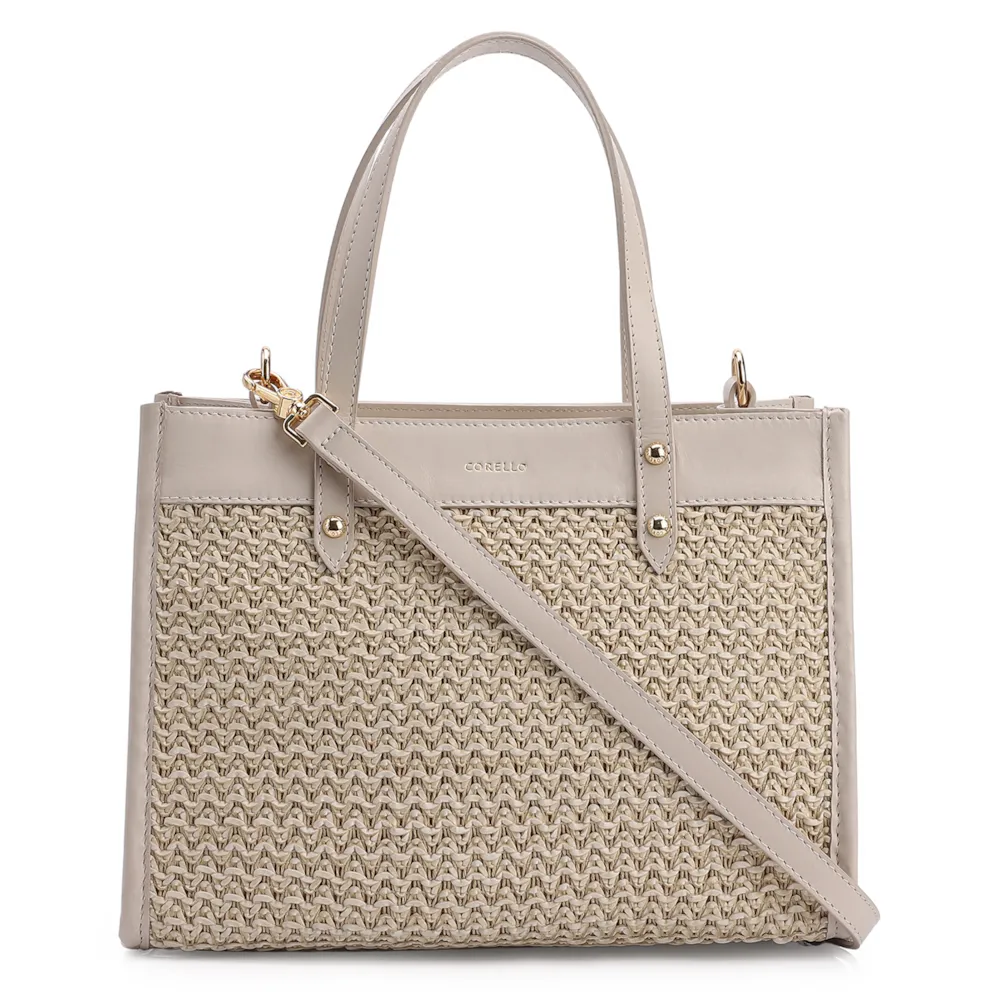 Bolsa Tote Couro Off White/Crochet Off White