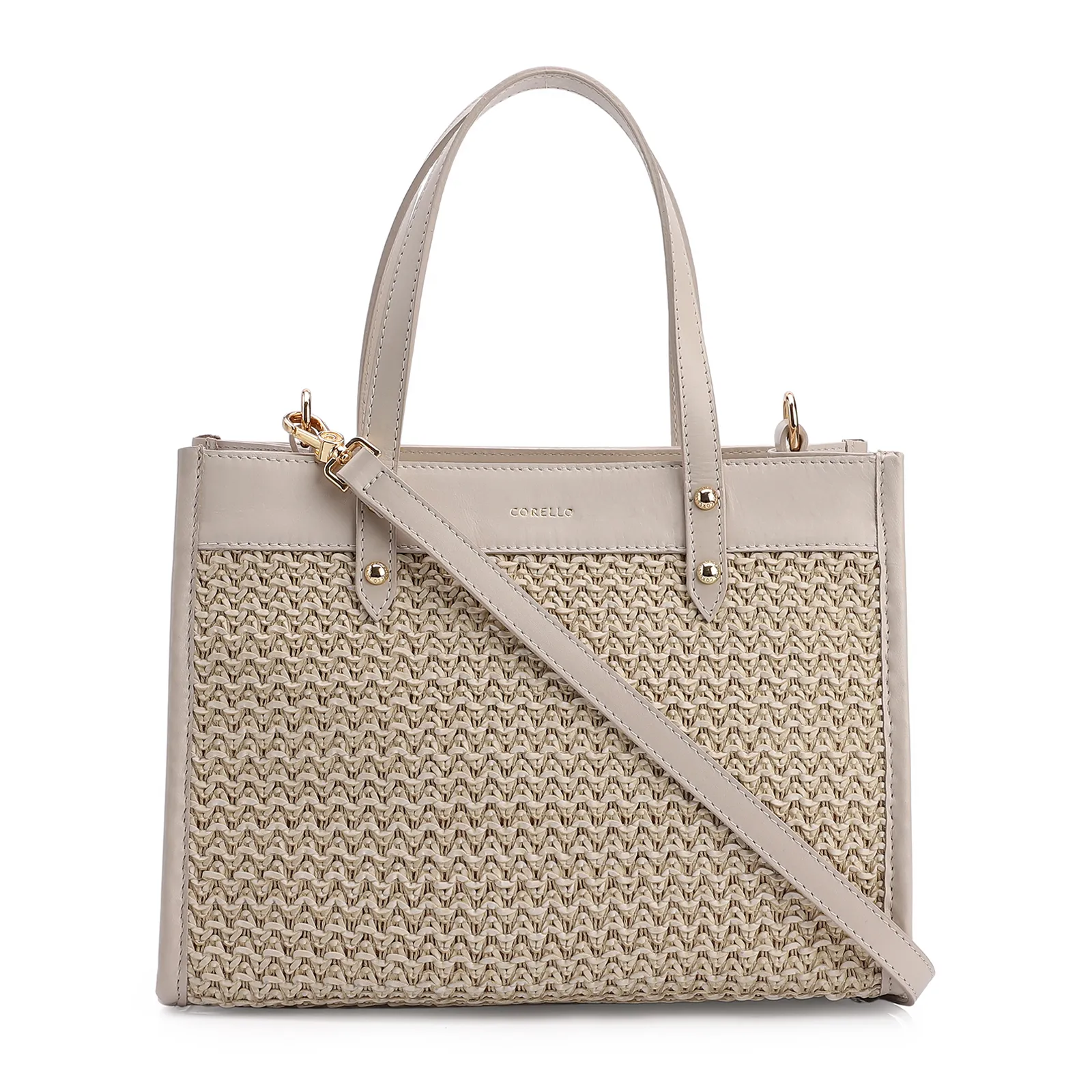 Bolsa Tote Couro Off White/Crochet Off White