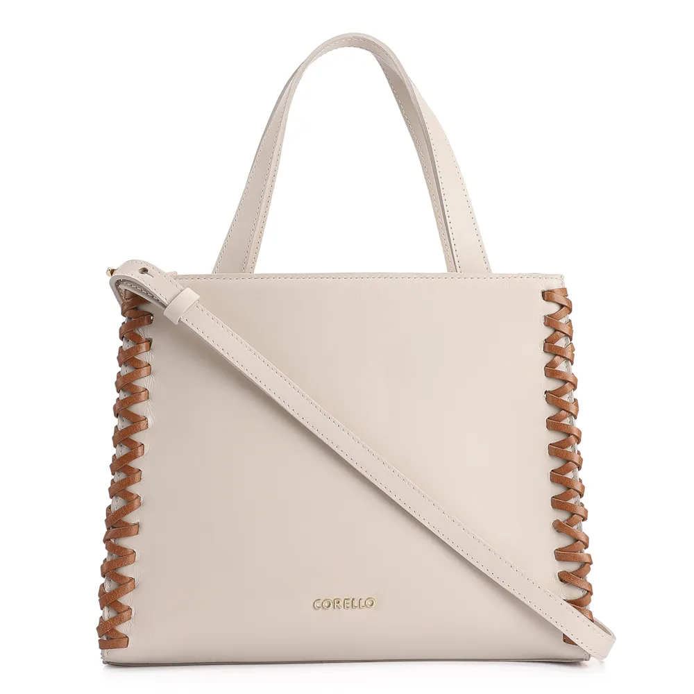 Bolsa Tote Couro Off White/Marrom