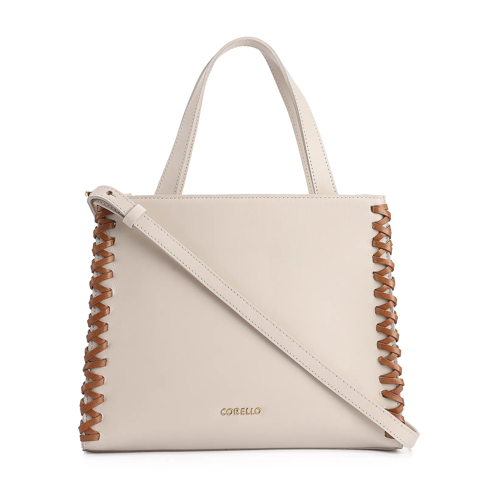 Bolsa Tote Couro Off White/Marrom