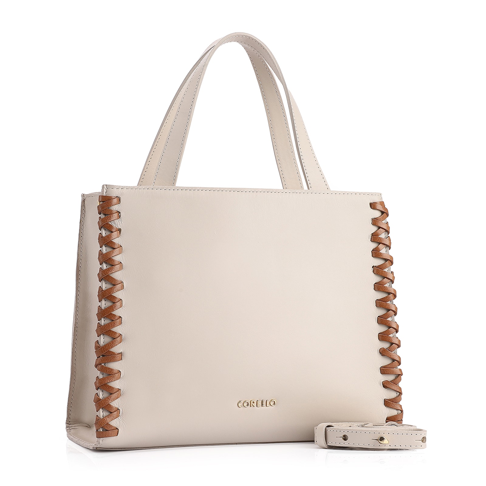 Bolsa Tote Couro Off White/Marrom