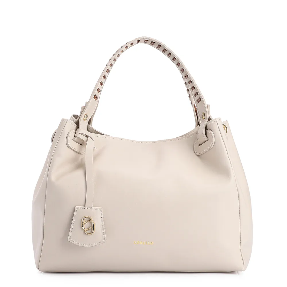 Bolsa Tote Couro Off White/Marrom