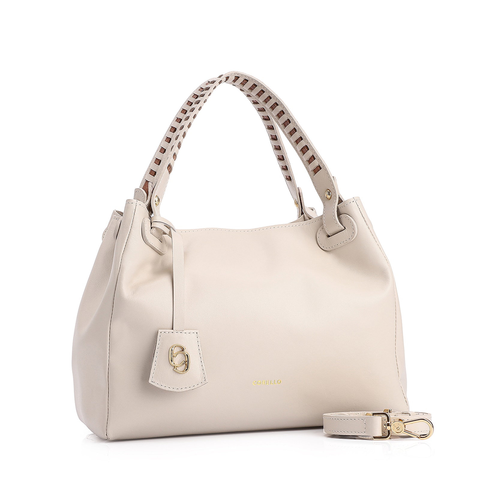 Bolsa Tote Couro Off White/Marrom