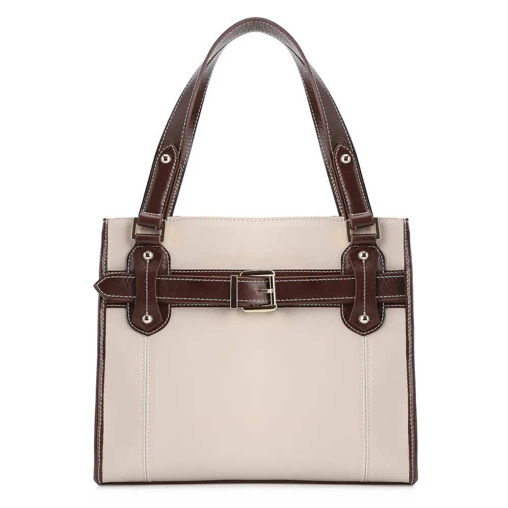 Bolsa Tote Couro Off White/Marrom