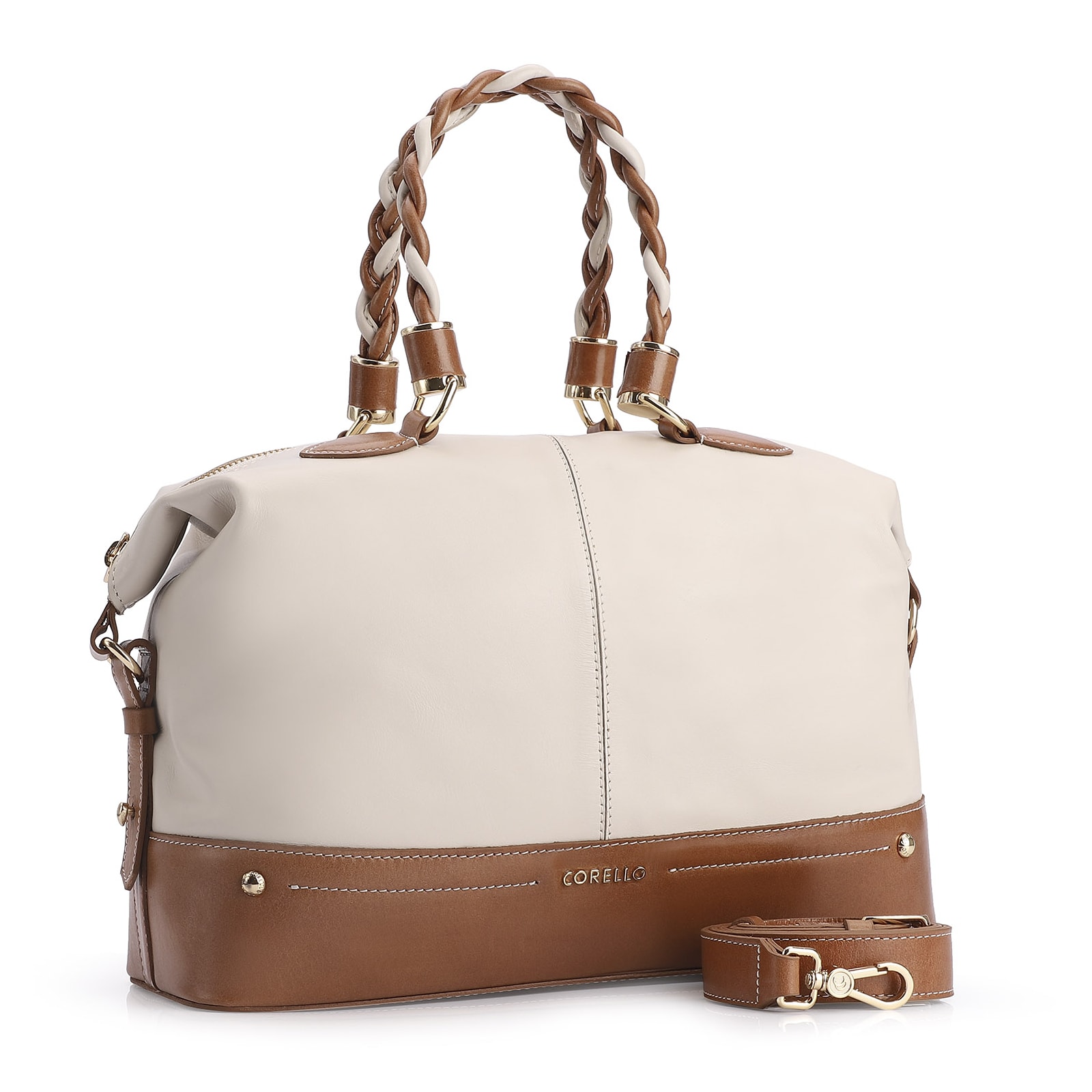Bolsa Tote Couro Off White/Marrom