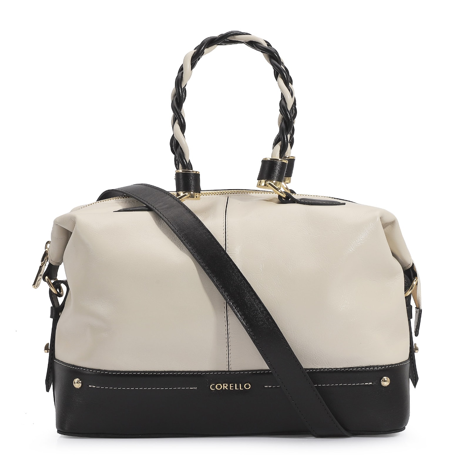 Bolsa Tote Couro Off White/Preto