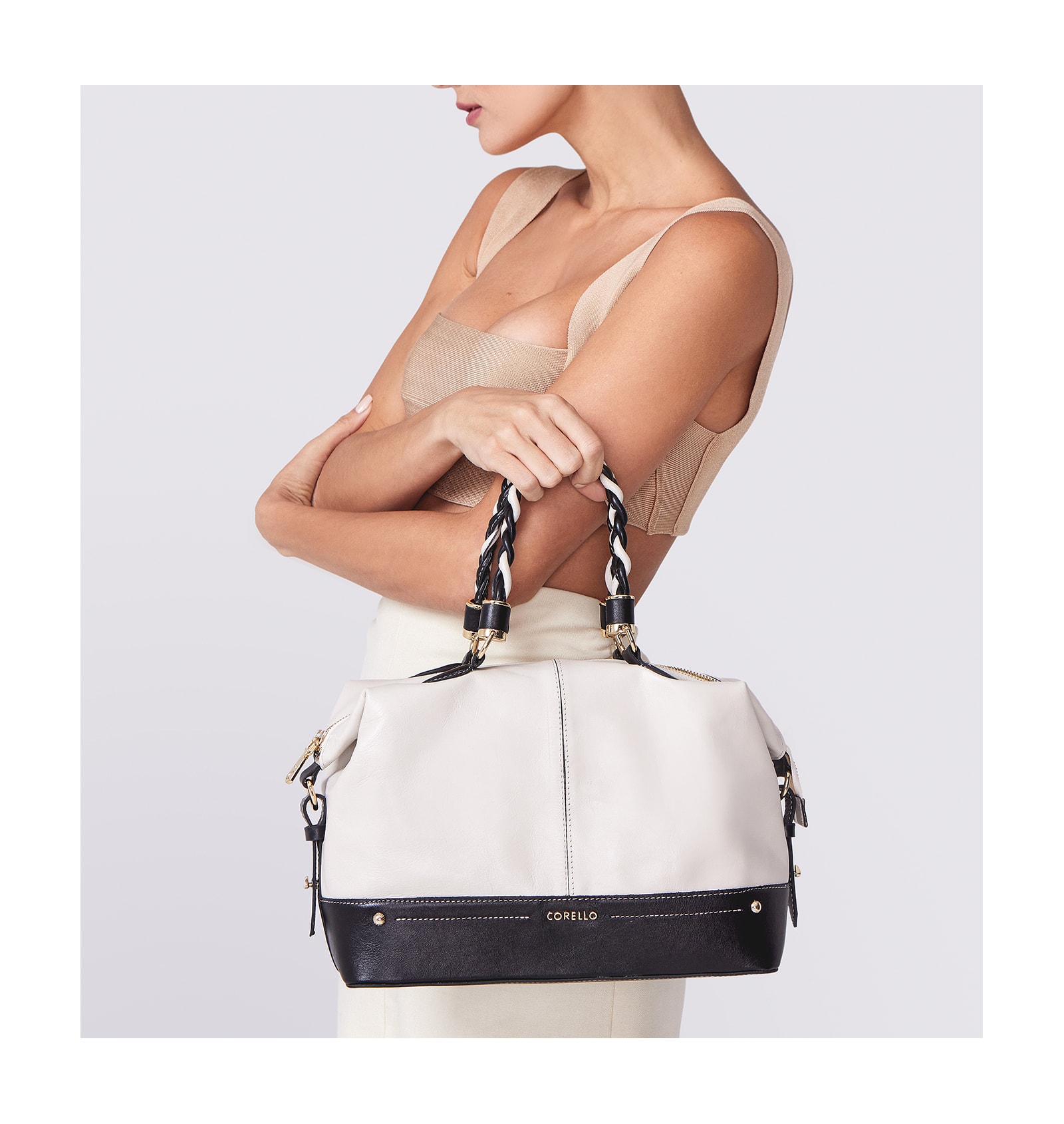 Bolsa Tote Couro Off White/Preto