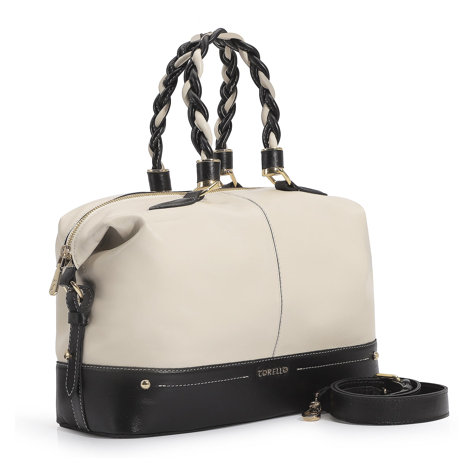 Bolsa Tote Couro Off White/Preto