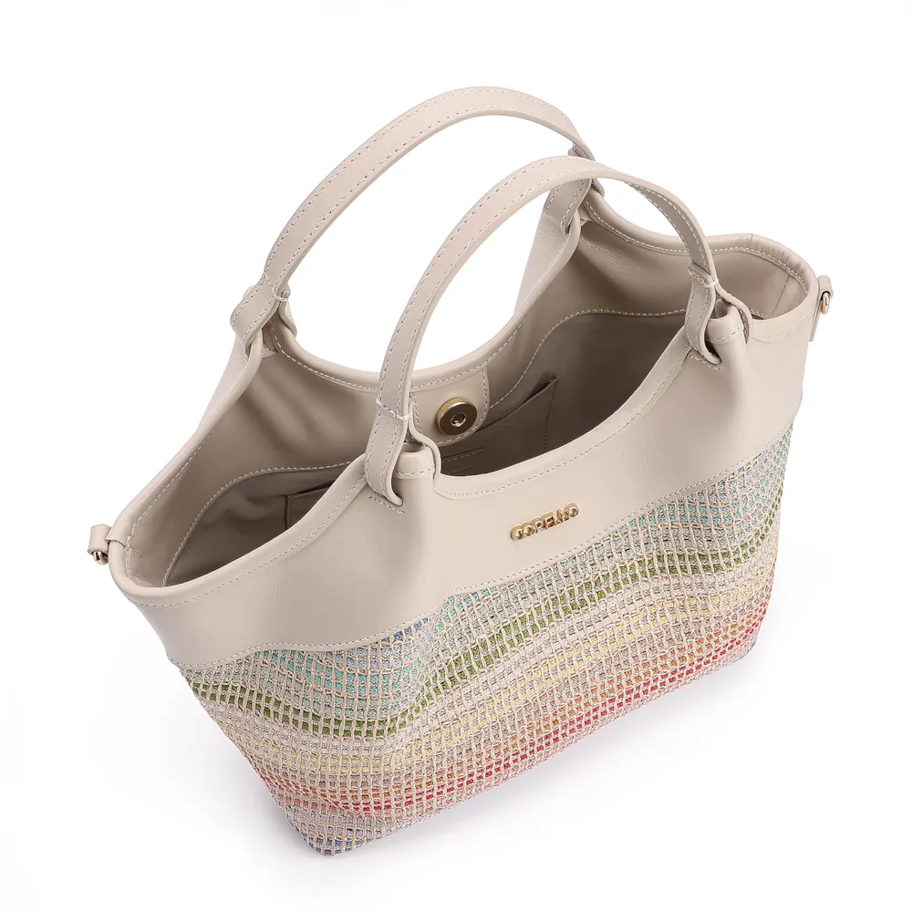 Bolsa Tote Couro Off White/Ráfia Colorida - imagem 4