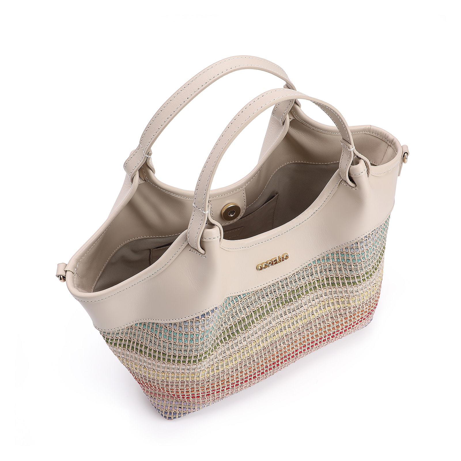 Bolsa Tote Couro Off White/Ráfia Colorida