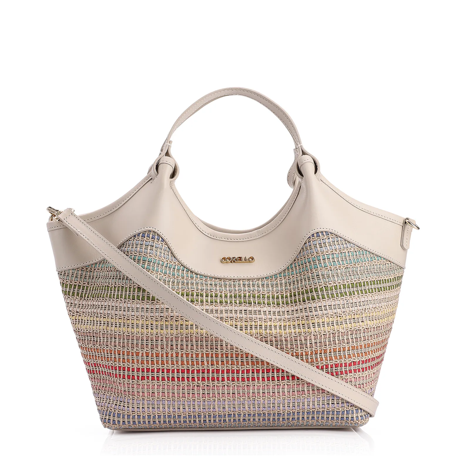 Bolsa Tote Couro Off White/Ráfia Colorida