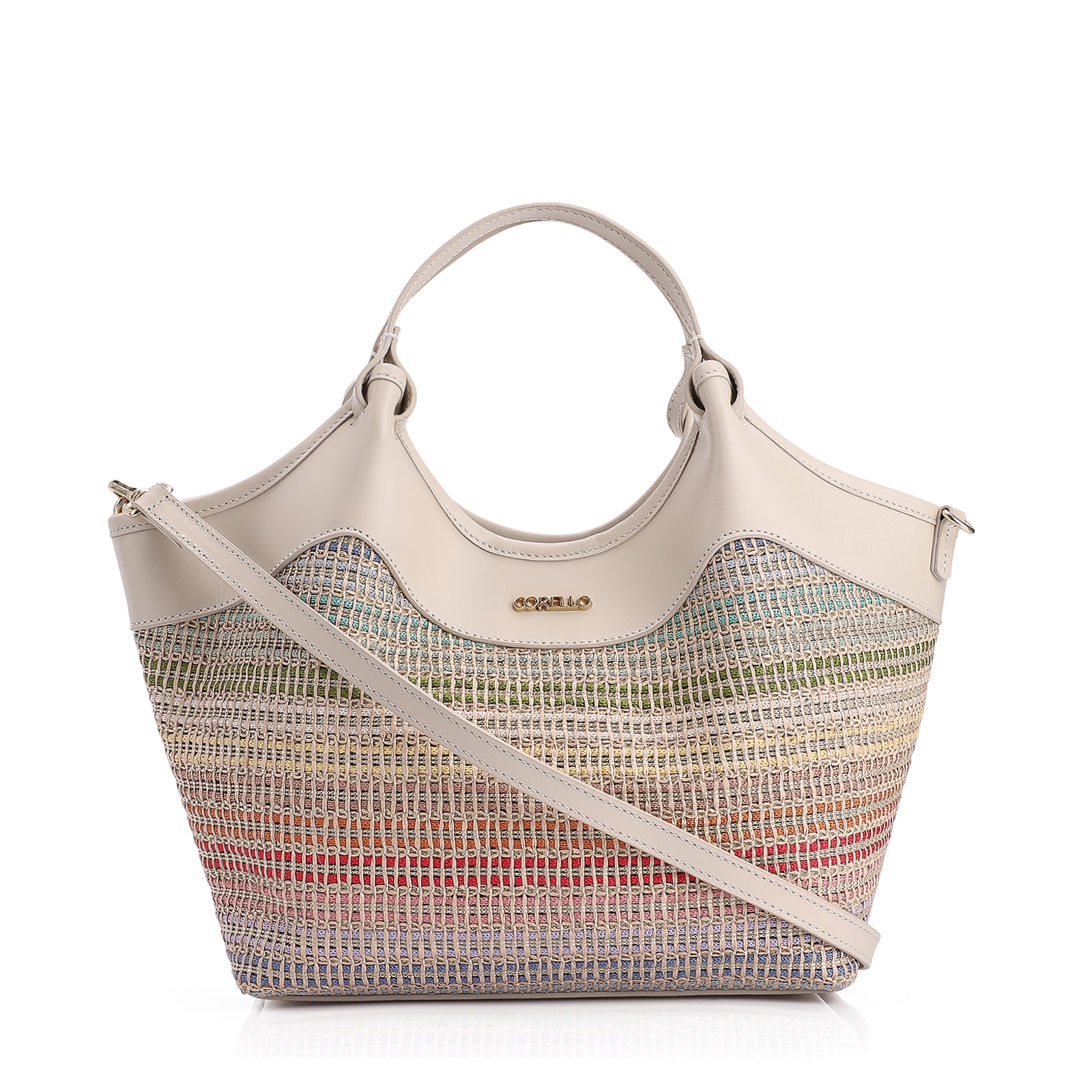 Bolsa Tote Couro Off White/Ráfia Colorida