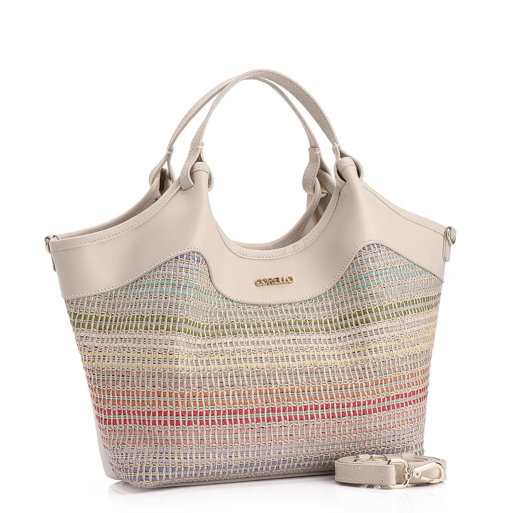 Bolsa Tote Couro Off White/Ráfia Colorida - imagem 2