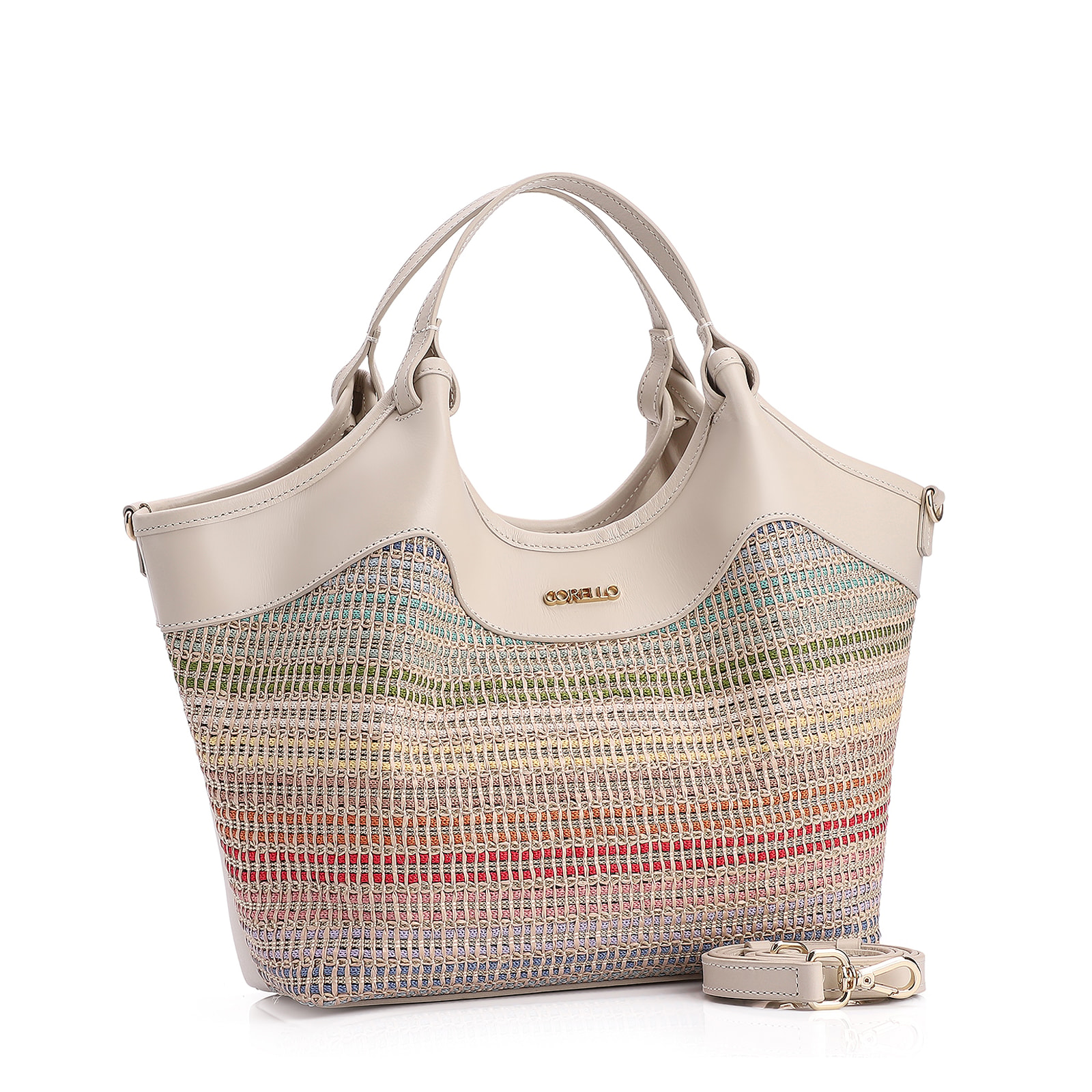 Bolsa Tote Couro Off White/Ráfia Colorida