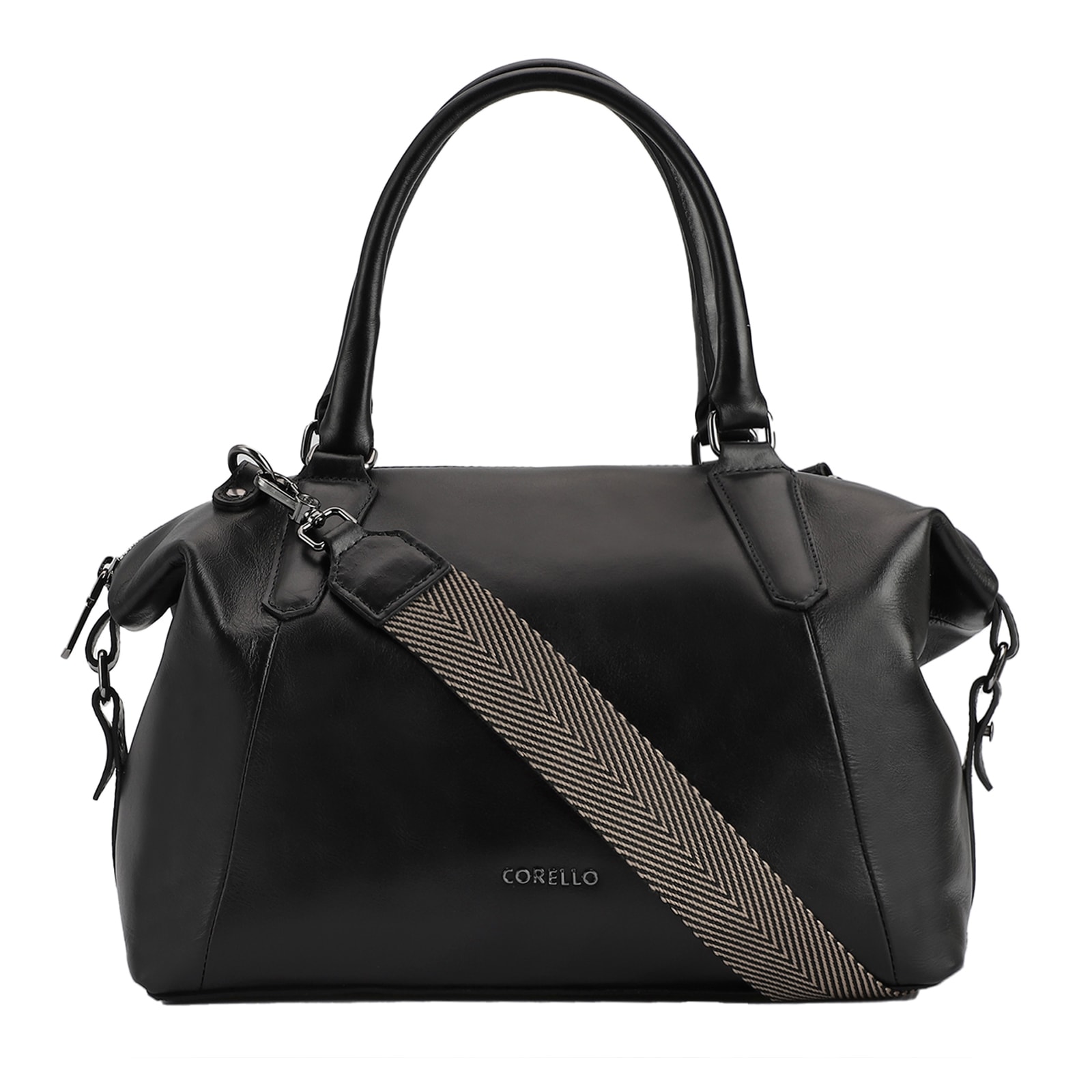 Bolsa Tote Couro Preto/Faixa