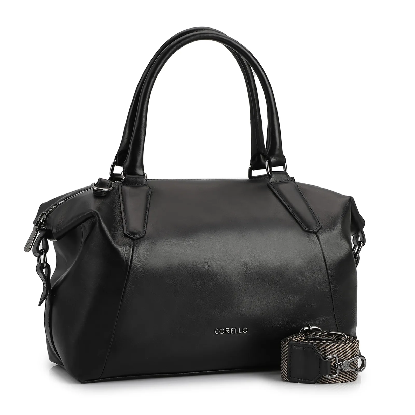 Bolsa Tote Couro Preto/Faixa