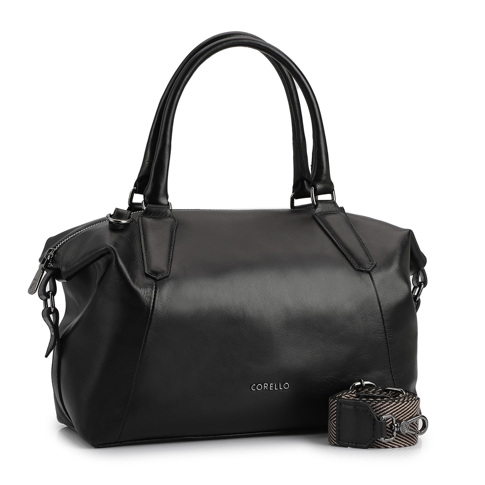 Bolsa Tote Couro Preto/Faixa