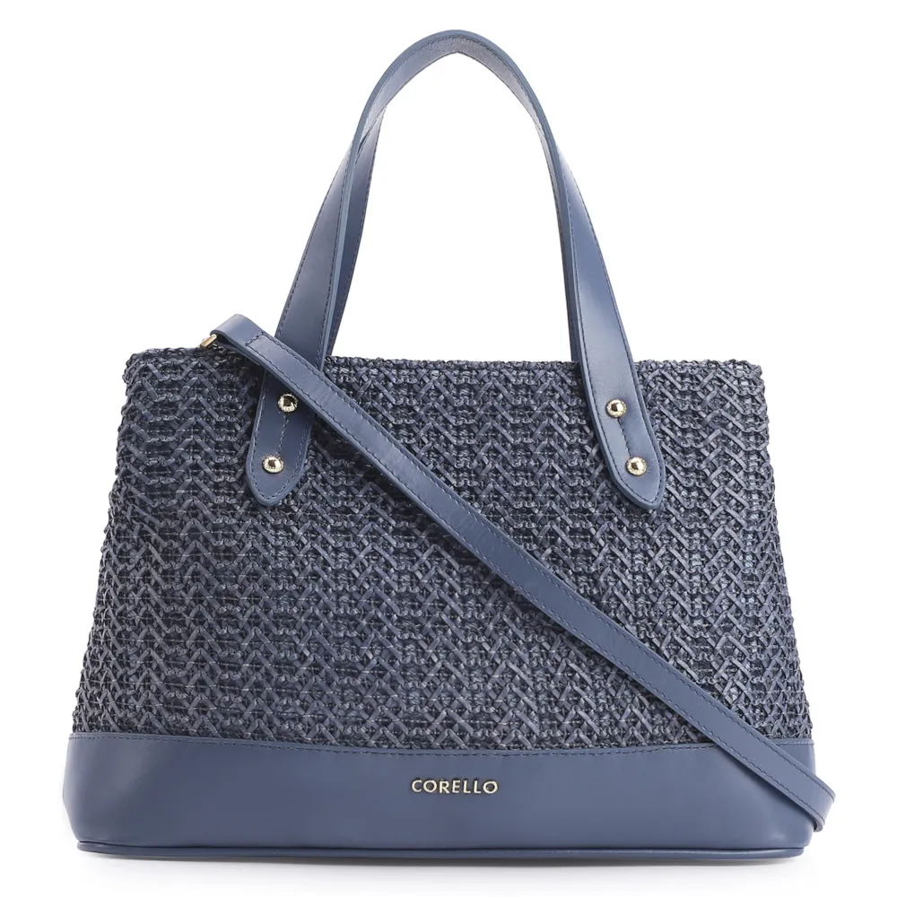 Bolsa Tote Crochet Couro Azul Escuro
