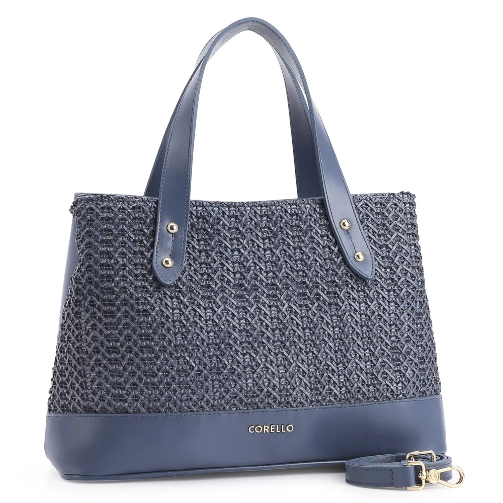 Bolsa Tote Crochet Couro Azul Escuro - imagem 2