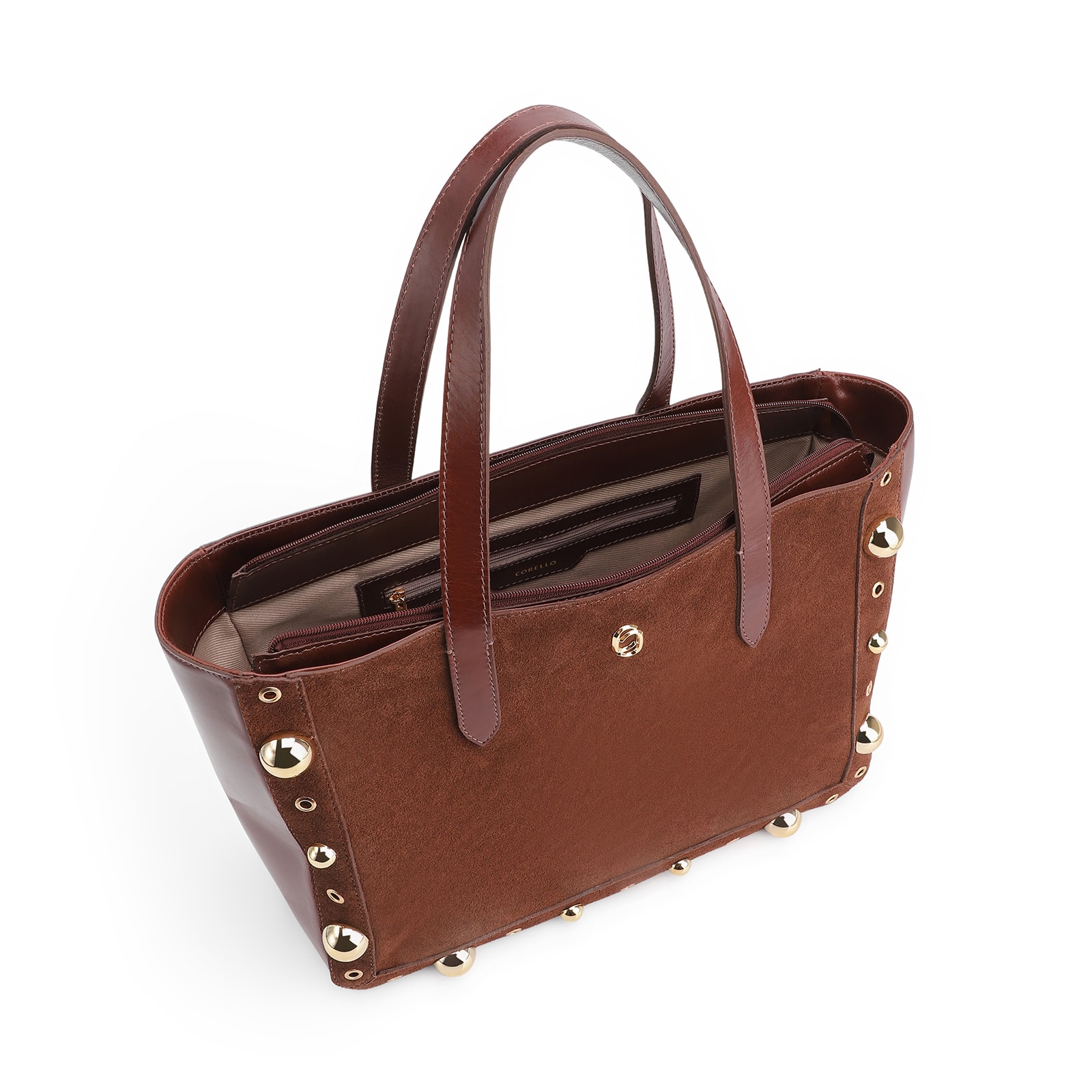 Bolsa Tote Esferas Couro Camurça/Couro Marrom Escuro