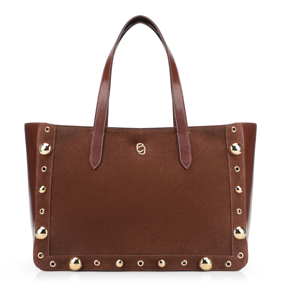 Bolsa Tote Esferas Couro Camurça/Couro Marrom Escuro