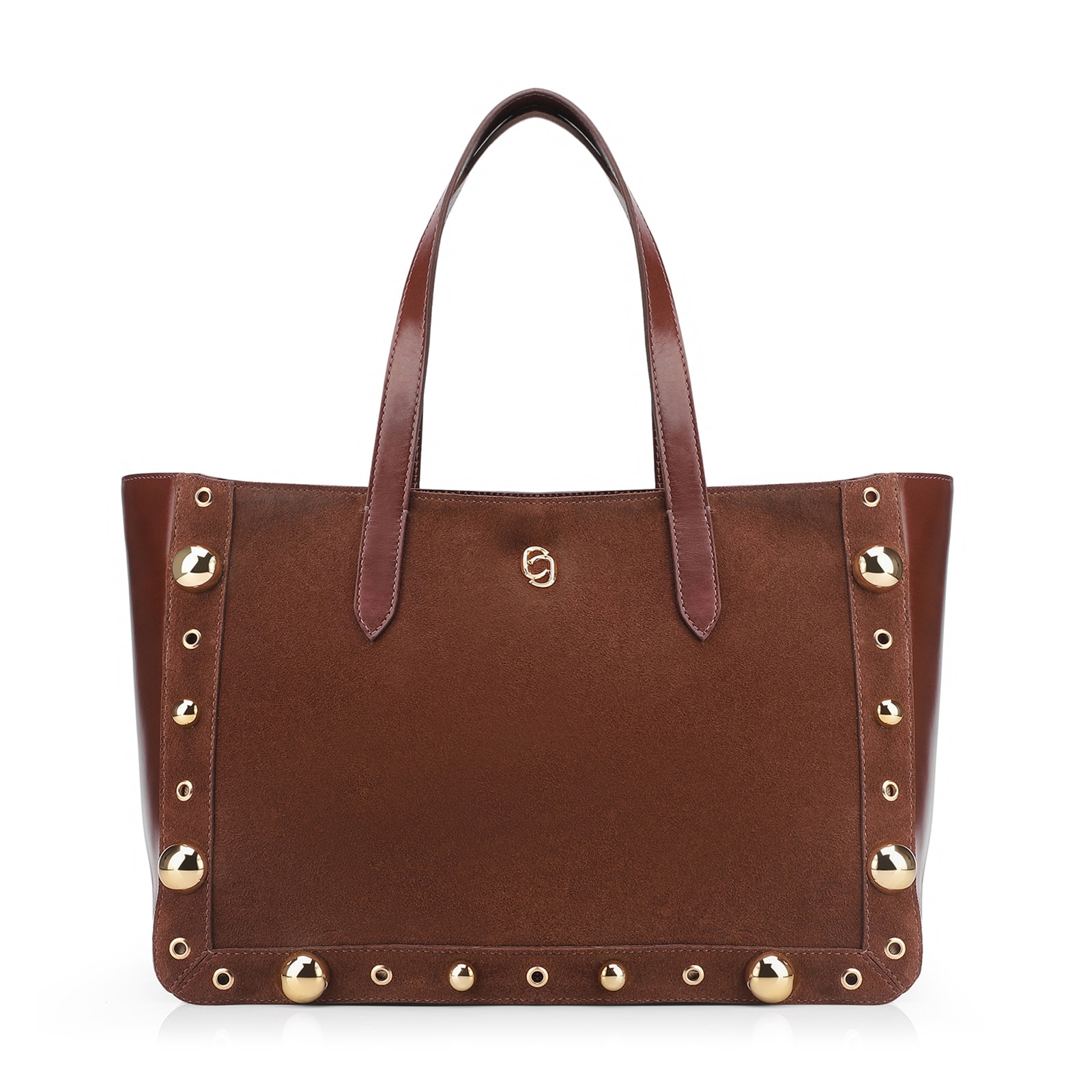 Bolsa Tote Esferas Couro Camurça/Couro Marrom Escuro