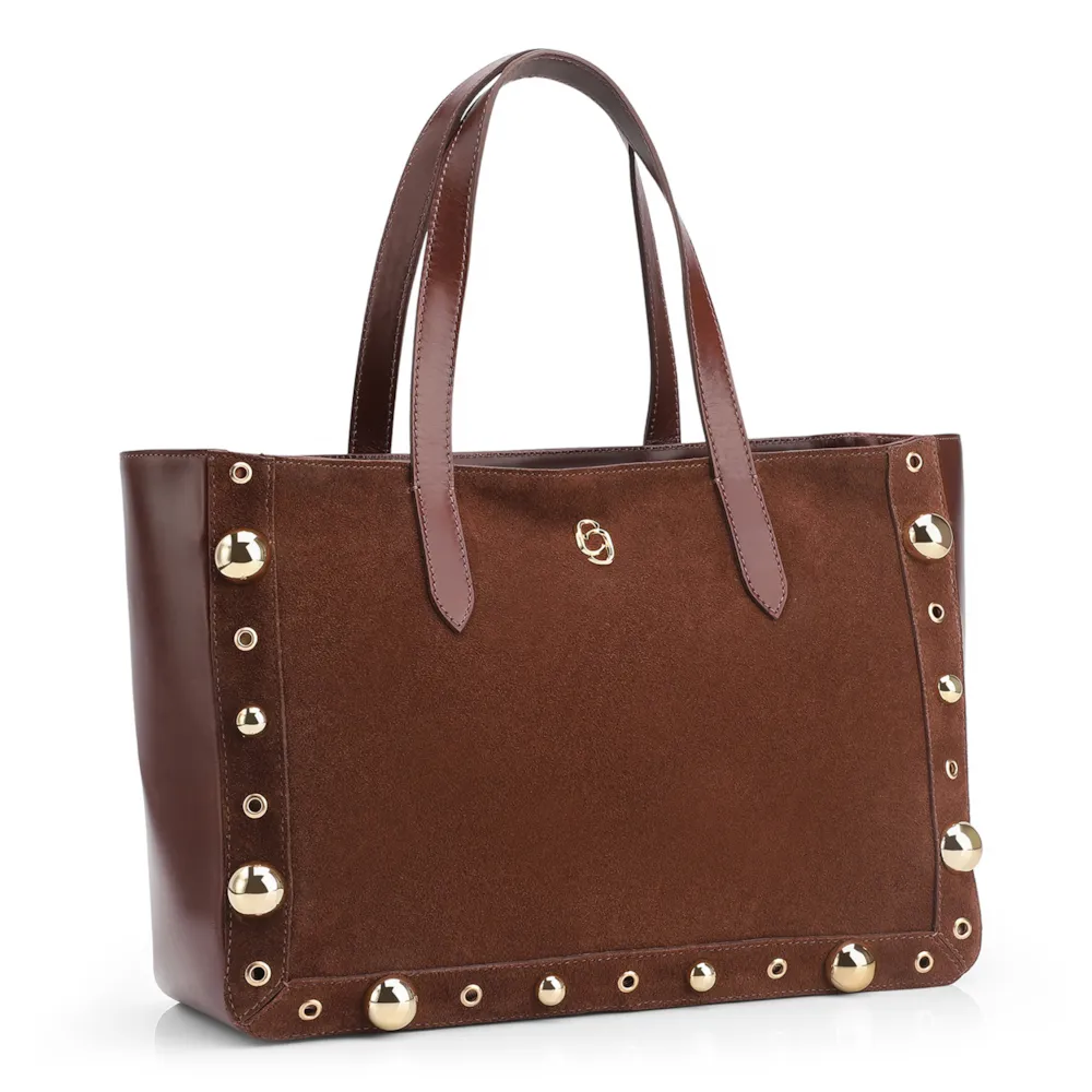 Bolsa Tote Esferas Couro Camurça/Couro Marrom Escuro - imagem 2