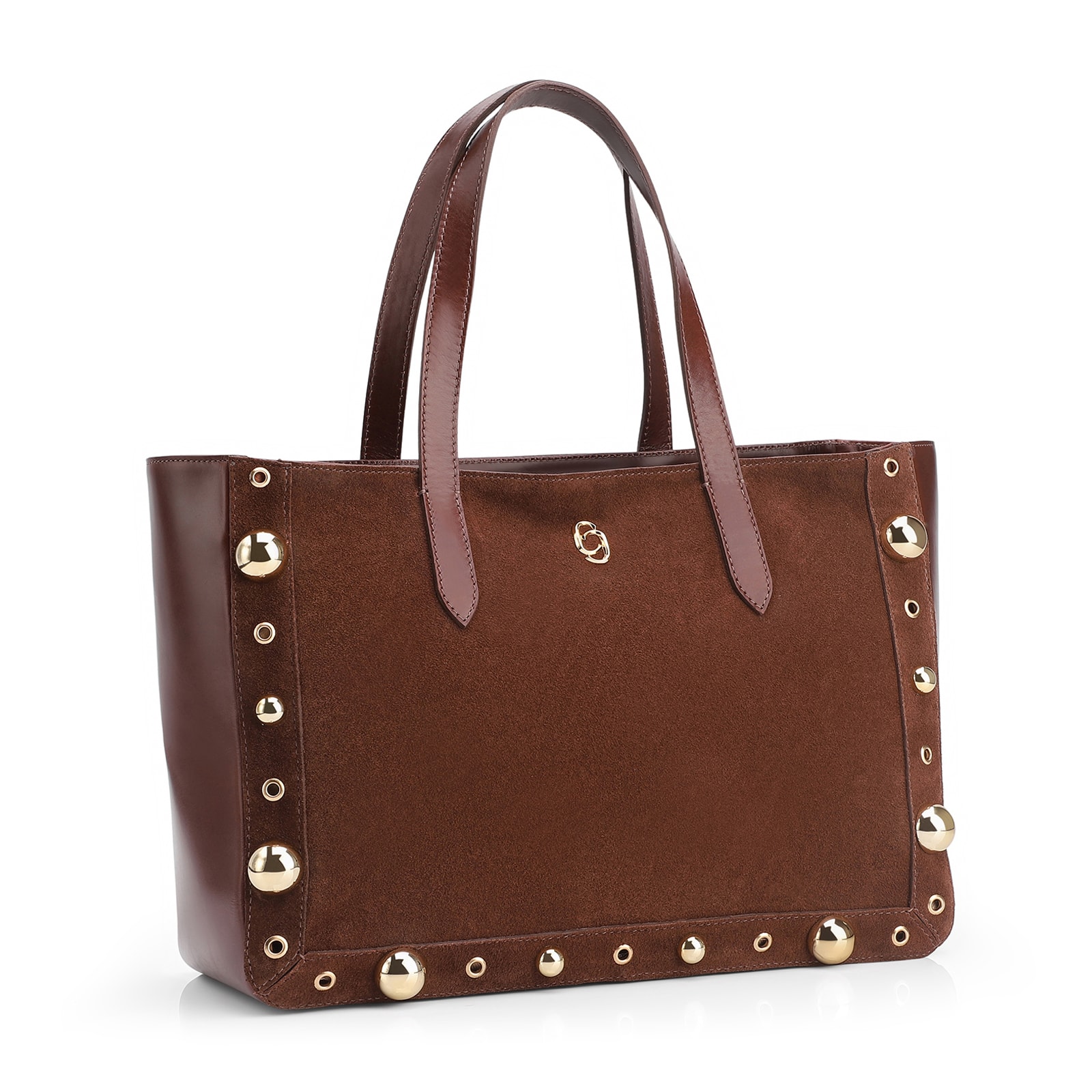 Bolsa Tote Esferas Couro Camurça/Couro Marrom Escuro