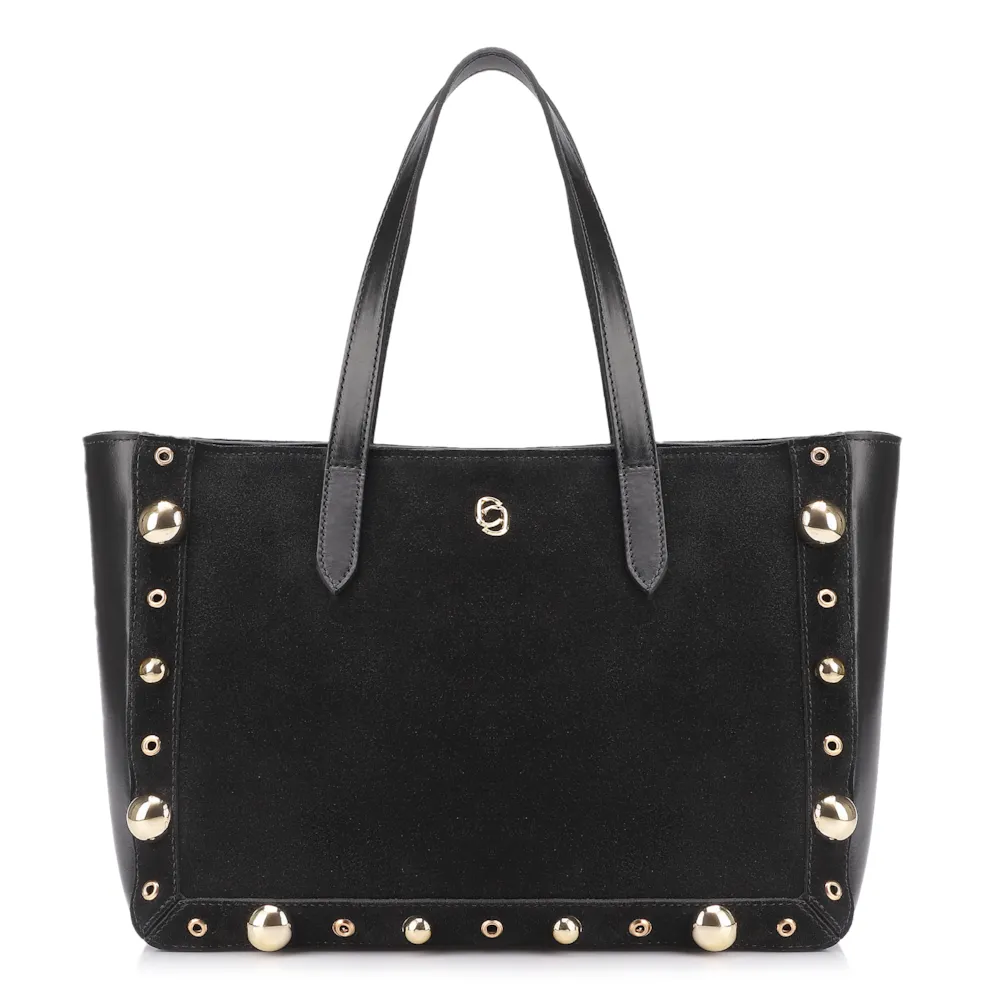 Bolsa Tote Esferas Couro Camurça/Couro Preto
