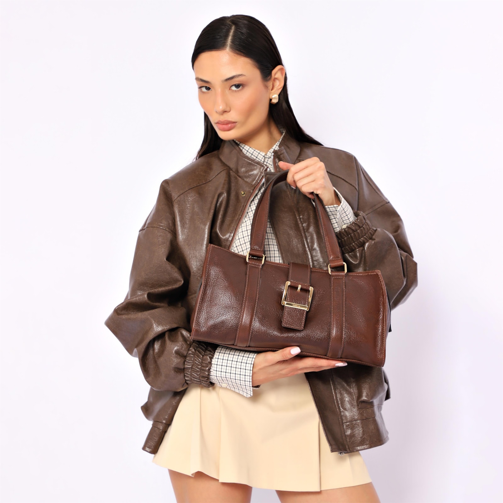 Bolsa Tote Fivela Couro Antique Marrom
