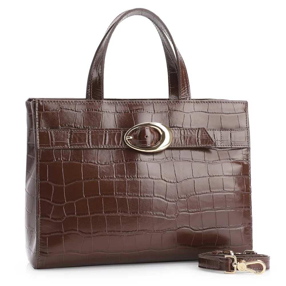 Bolsa Tote Fivela Couro Croco Marrom - imagem 3