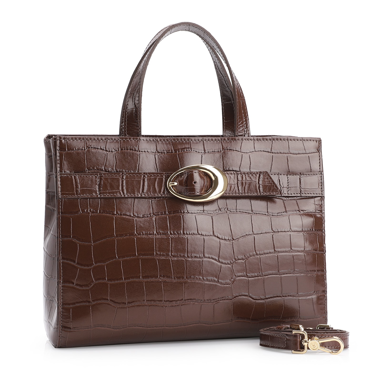 Bolsa Tote Fivela Couro Croco Marrom