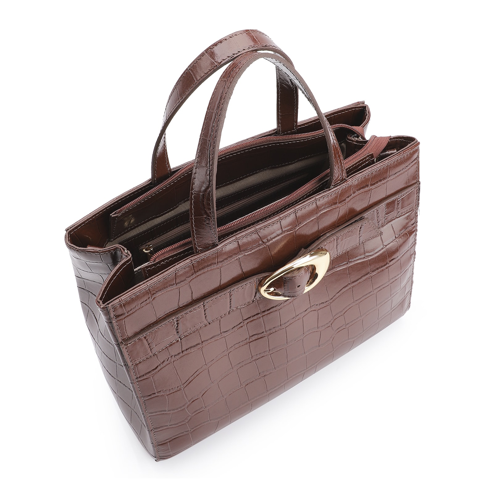 Bolsa Tote Fivela Couro Croco Marrom