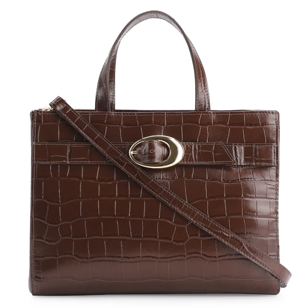 Bolsa Tote Fivela Couro Croco Marrom