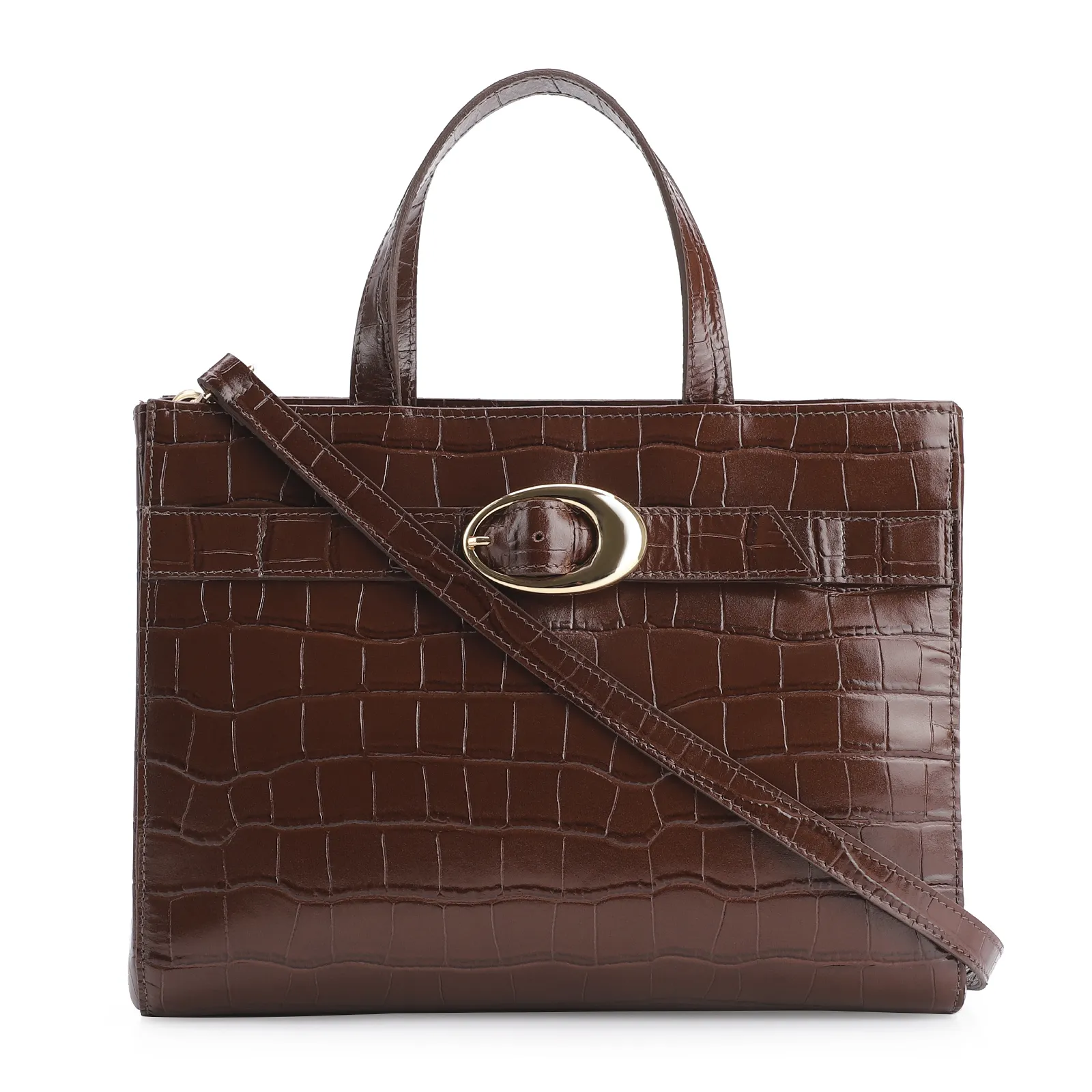 Bolsa Tote Fivela Couro Croco Marrom