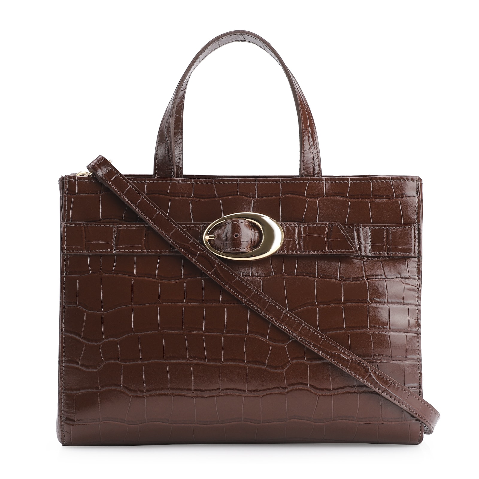 Bolsa Tote Fivela Couro Croco Marrom