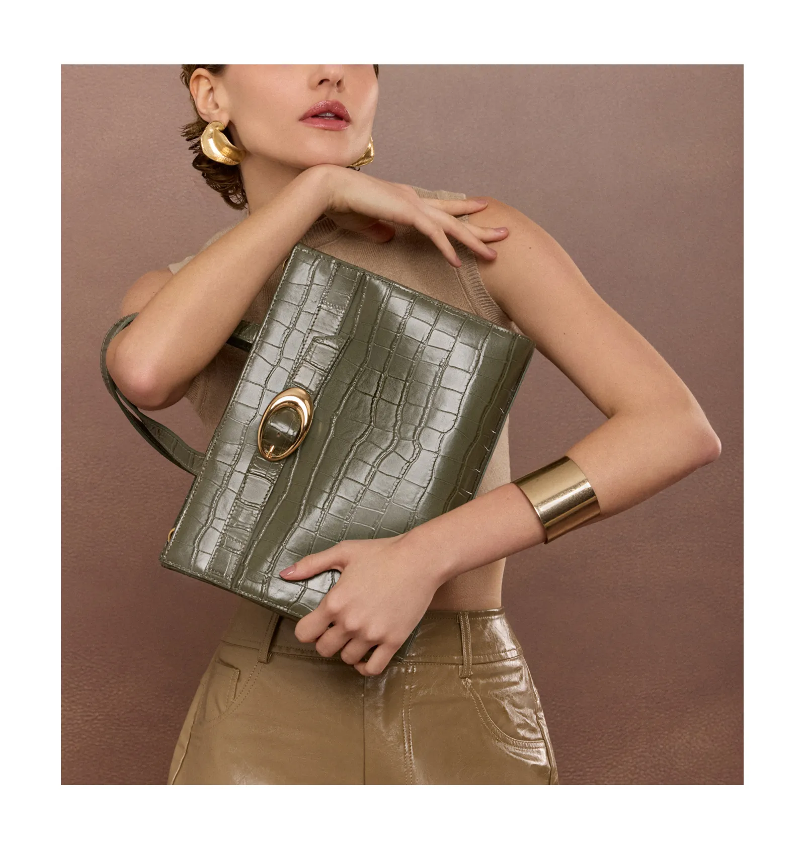 Bolsa Tote Fivela Couro Croco Verde