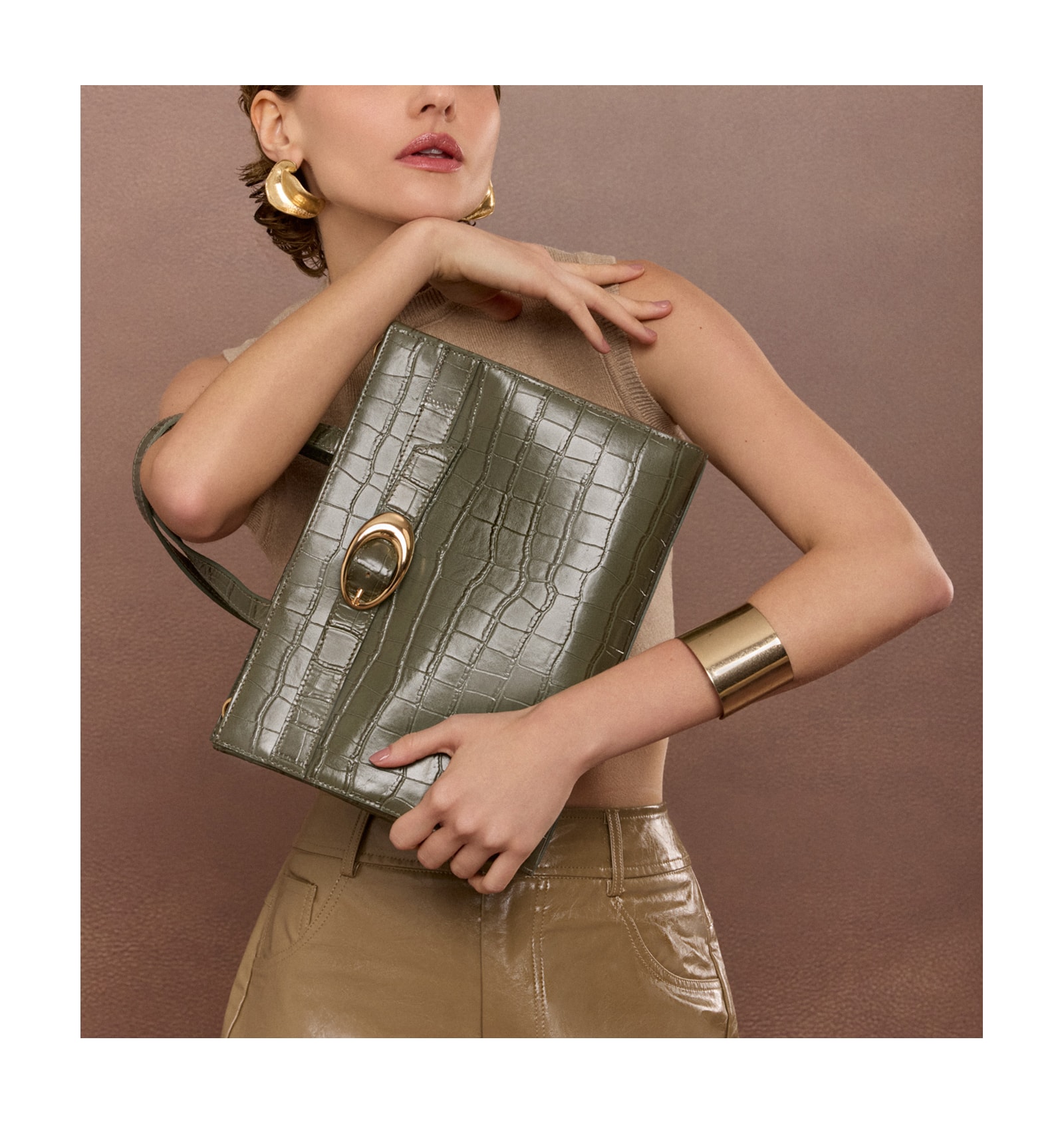 Bolsa Tote Fivela Couro Croco Verde